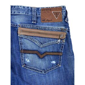 Vtg Guess Premium Rebel Jeans Men's 40x32 Straight Fit Blue Distressed Zip Poc